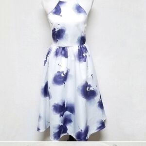 L'ATISTE FOR ANTHRO SILKY FLORAL DREAM FIT N FLARE HALTER TOP FULL SKIRT DRESS